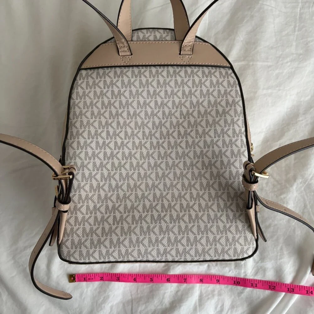 Michael Kors Jaycee Medium Backpack Vanilla Beige Coated Canvas Bag Quiet Luxury